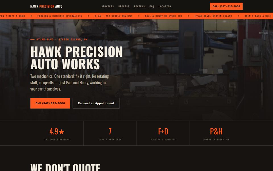 Hawk Precision Auto Works website homepage